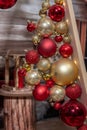 Decorative triangular Christmas tree of boards with balls. Christmas festive decorations Royalty Free Stock Photo