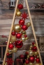Decorative triangular Christmas tree of boards with balls. Christmas festive decorations Royalty Free Stock Photo
