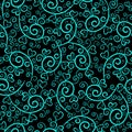 Decorative turquoise floral swirls and hearts on black background. Seamless lovely doodle pattern.