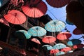 Decorative umbrellas around a fairytale-inspired cafe