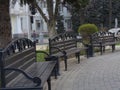 Decorative urban bench in city park