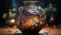 Decorative vase on a wooden table, showcasing ornate pottery craft generated by AI