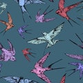 Decorative vector vintage seamless colorful pattern with flying swallows