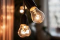 Decorative vintage edison light bulbs against striped wooden wall background. Royalty Free Stock Photo