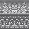 Decorative vintage lace seamless vector pattern, ornamental repetitive design with flowers and swirls in white on gray background