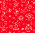 Decorative vintage xmas red wallpaper with hanging golden lacy baubles