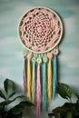 Dream catcher wall hanging decor made of colorful yarn. Generative AI