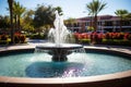 a decorative water fountain at the entrance of a senior community