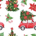 Merry Christmas and happy New Year seamless pattern with watercolor vintage red car, holiday fir tree, poinsettia flower Royalty Free Stock Photo