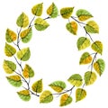 Decorative watercolor wreath of leaves and branches on a white background. Autumn wreath for design cards, wedding invitations