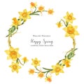 Decorative watercolor wreath with yellow daffodil flowers