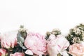 Decorative web banner made of beautiful pink peonies, rosies and eucalyptus isolated on white background. Feminine Royalty Free Stock Photo