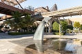 The decorative whale tail fountain on the Pointe - seaside promenade of the Palm Jumeirah island in Dubai city, United Arab