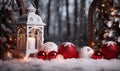 Decorative white lantern with Christmas balls and decorations in a snowy forest. Royalty Free Stock Photo