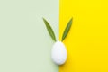 Decorative white painted Easter egg bunny with green leaves as ears on yellow gray duotone background. Holiday card Royalty Free Stock Photo