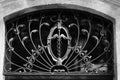 Decorative window metal grid with Asclepius staff sign on a farmacy store