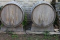 Decorative wine barrels. Exterior design elements, traditional for southern winemaking countries