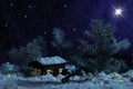 Decorative wood house with lights inside on black background. Rural Christmas night scene Royalty Free Stock Photo