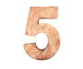 Decorative wooden alphabet digit five symbol - 5. 3d rendering illustration. Isolated on white background.