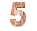 Decorative wooden alphabet digit five symbol - 5 From wood Planks. 3d rendering illustration. Isolated on white background. Royalty Free Stock Photo