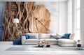 Decorative wooden branches and wood cut composition. White sofa with blue cushions near brick wall. Unique interior design of