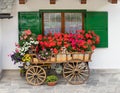 Decorative wooden cart filled with flowers Royalty Free Stock Photo