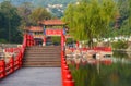 Decorative wooden Chinese gate, architectural arch on the water in Jiangsu Province