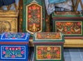 Decorative wooden crates with traditional Hungarian motifs