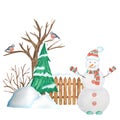 Decorative wooden fence in winter with snow, Christmas tree, Snowman and Bullfinch bird couple, snowdrifts. Front view Royalty Free Stock Photo