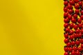 Decorative wooden ladybugs on yellow background with copy space. Ladybug pattern