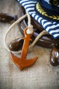 Decorative wooden ship anchored at the helm