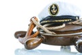 Decorative wooden ship anchored at the helm