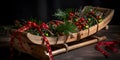 A decorative wooden sled with red and green ribbons and h two generative AI