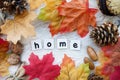 Decorative word Home with cones and fallen leaves on white background. Halloween, Thanksgiving day or seasonal autumnal background