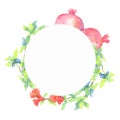 Decorative wreath of bright solar garnets and red flowers