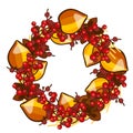 A decorative wreath of dried fruit of physalis and red berries of holly isolated on white background. Vector cartoon