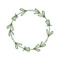 Decorative wreath of linear flowers in a circle. Floral border of twigs, leaves, abstract flowers. Elegant frame in simple, Royalty Free Stock Photo