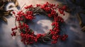 Decorative wreath with red berries on a light background. Generative AI. Royalty Free Stock Photo