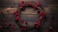 Decorative wreath with red berries on a wooden background. Generative AI. Royalty Free Stock Photo