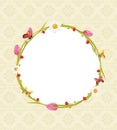 Decorative wreath with spring flowers and butterflies. Greeting card