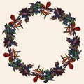 Decorative wreath from watercolor drawings of autumn branch viburnum with ripe berries