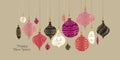 Decorative xmas card with hanging luxury naive vintage baubles