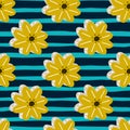 Decorative yellow marguerite flowers seamless doodle pattern. Navy blue striped background