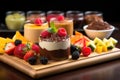 decoratively arranging sliced fruits on a chocolate mousse