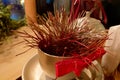 A decoratively decorated mug stands on the table. The onset of the holidays