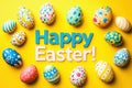 Colorful Easter eggs arranged in a cheerful circle on a vibrant yellow background Royalty Free Stock Photo