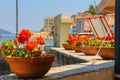 Decortive pots with flowers on the waterfront on Elba Island Royalty Free Stock Photo