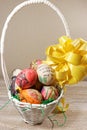 Decoupage decorated colorful Easter eggs in wicker basket Royalty Free Stock Photo