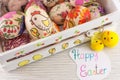 Decoupage decorated Easter eggs in decorated wooden box Royalty Free Stock Photo