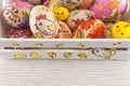 Decoupage decorated Easter eggs in decorated wooden box Royalty Free Stock Photo
